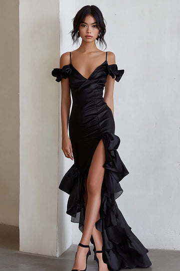 Black Cold Shoulder Ruffled Formal Dresswith Slit